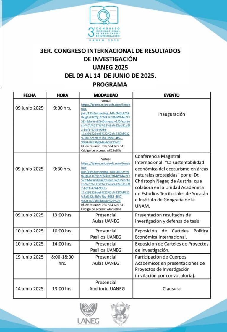 Programa - 3er. Congreso Internacional de Resultados de Investigación UANEG 2025 3er Congreso Internacional Resultados Investigacion Uaneg 2025 Programa 768x1121
